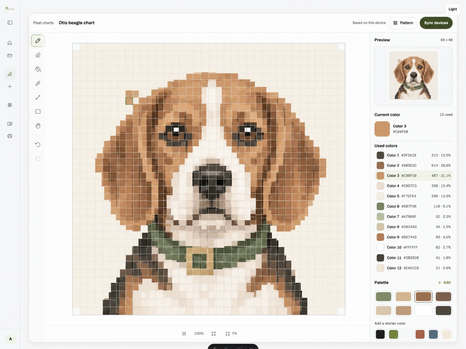 Stittli Pixel Chart editor showing the Otis beagle chart, active drawing tool, edited cells, and colour palette