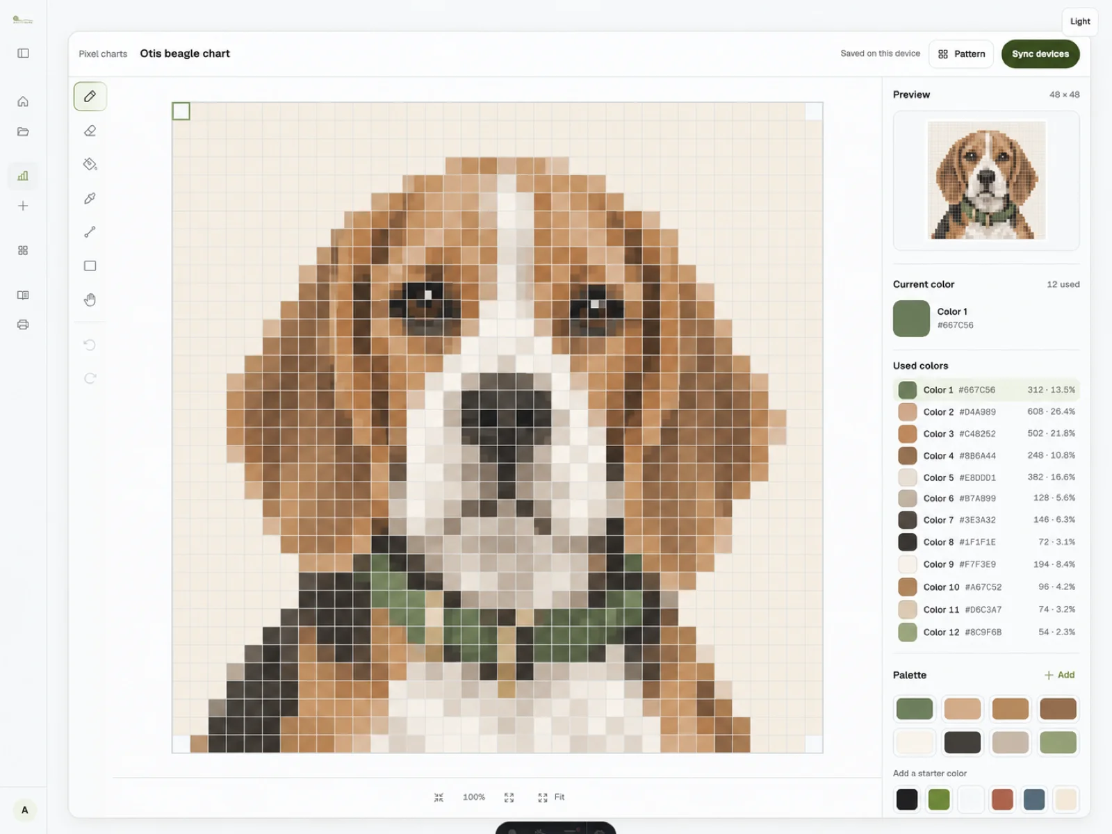 Stittli Pixel Chart editor showing the Otis beagle chart at 48 by 48 with a 12-colour palette