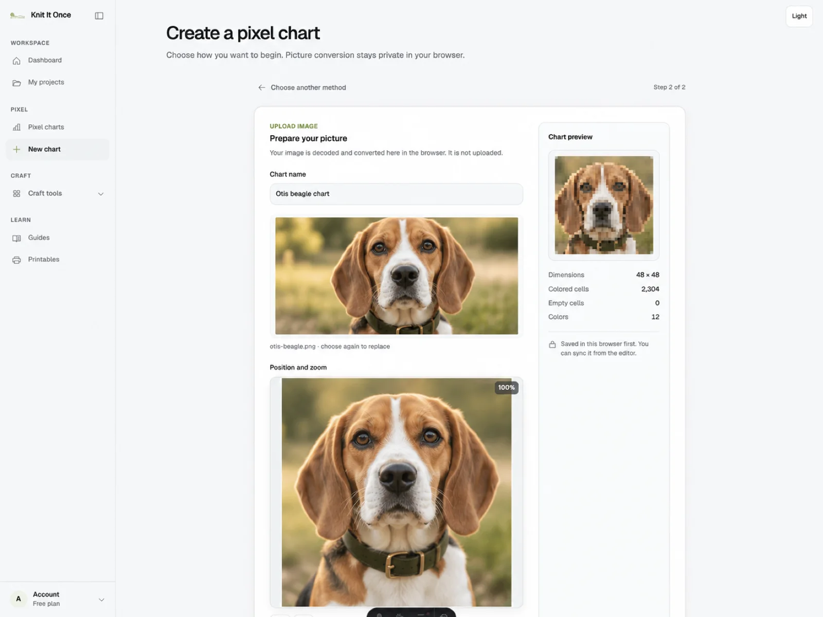 Stittli image import showing an Otis beagle source image and its live 48 by 48 chart preview