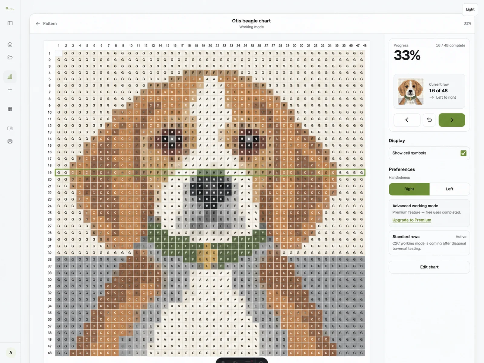 Stittli work mode showing row 16 of the Otis beagle chart highlighted with progress and direction controls